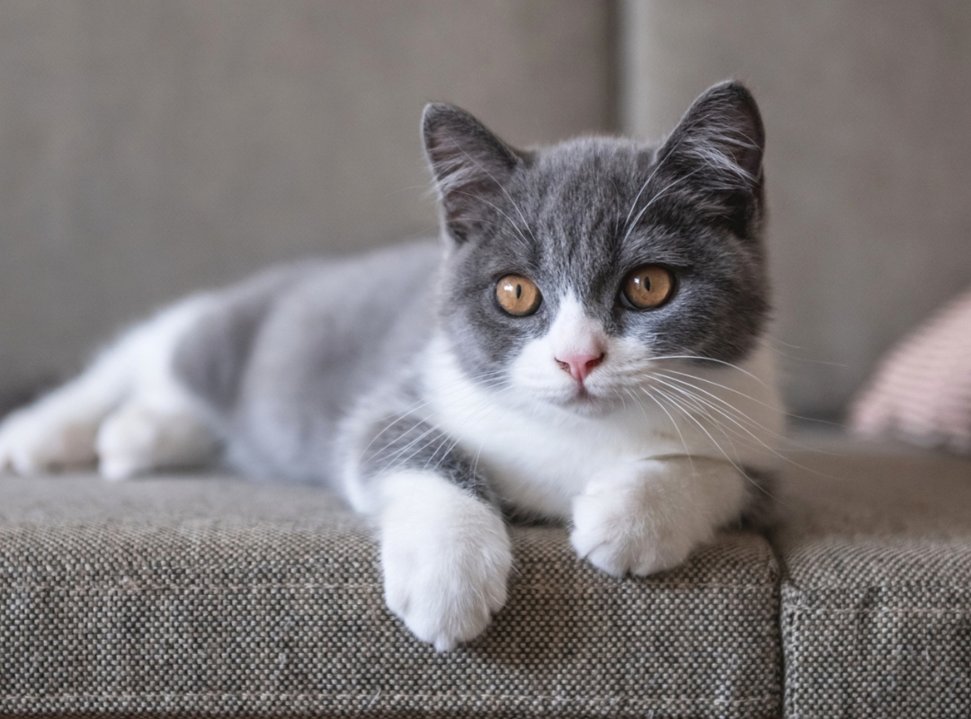 A gray and white cat lounging comfortably on a soft couch